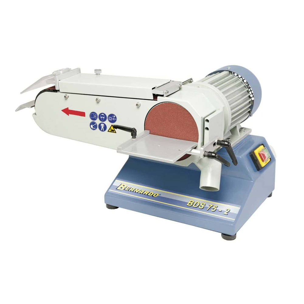 Levigatrice a nastro e disco Bernardo BDS 75-2 con due velocità, nastro 75 x 1180 mm, disco Ø 150 mm e struttura robusta.