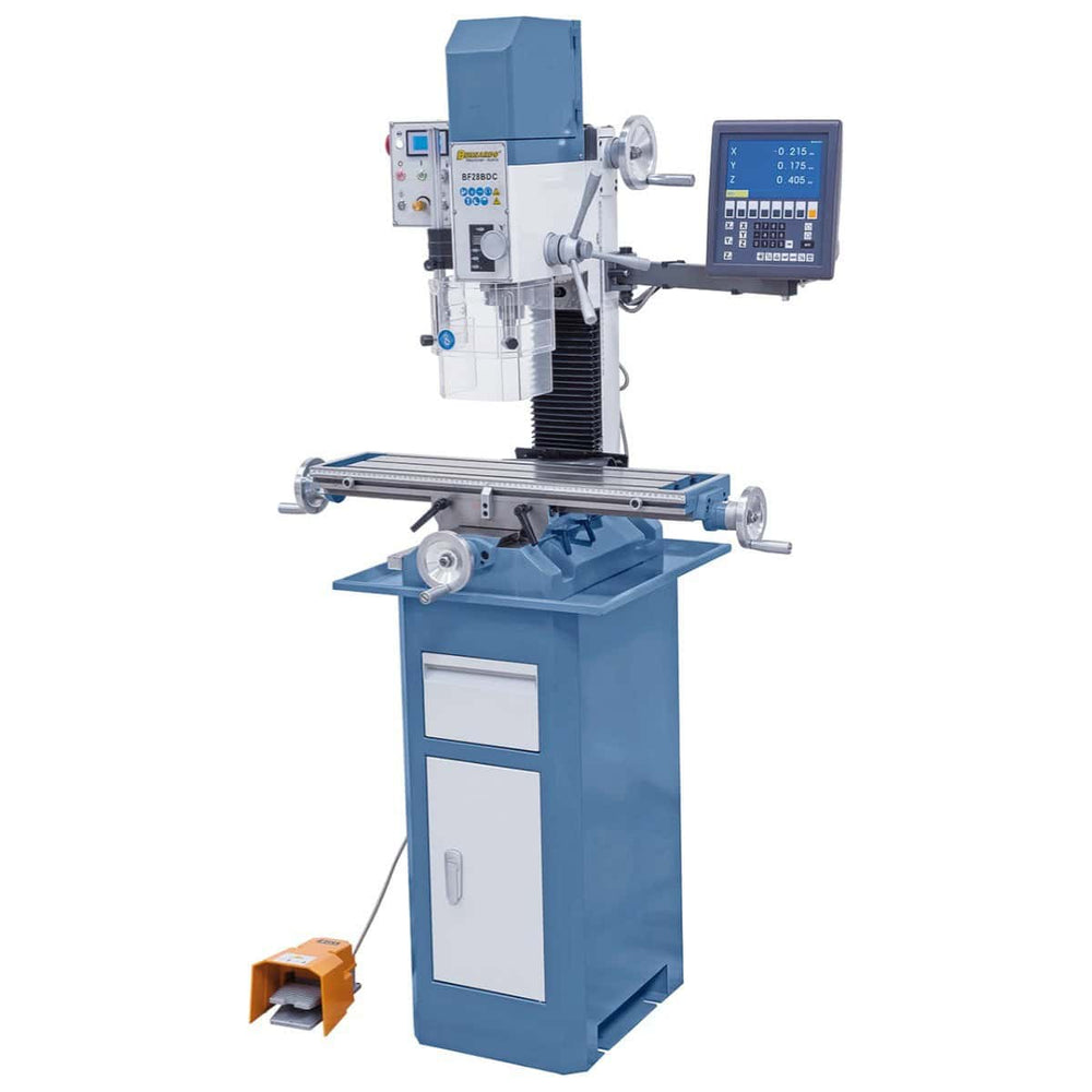 Trapano-fresatrice Bernardo BF 28 BDC con tavola a croce 700 x 180 mm, testa inclinabile ±90°, velocità variabile continua e dotazione completa.