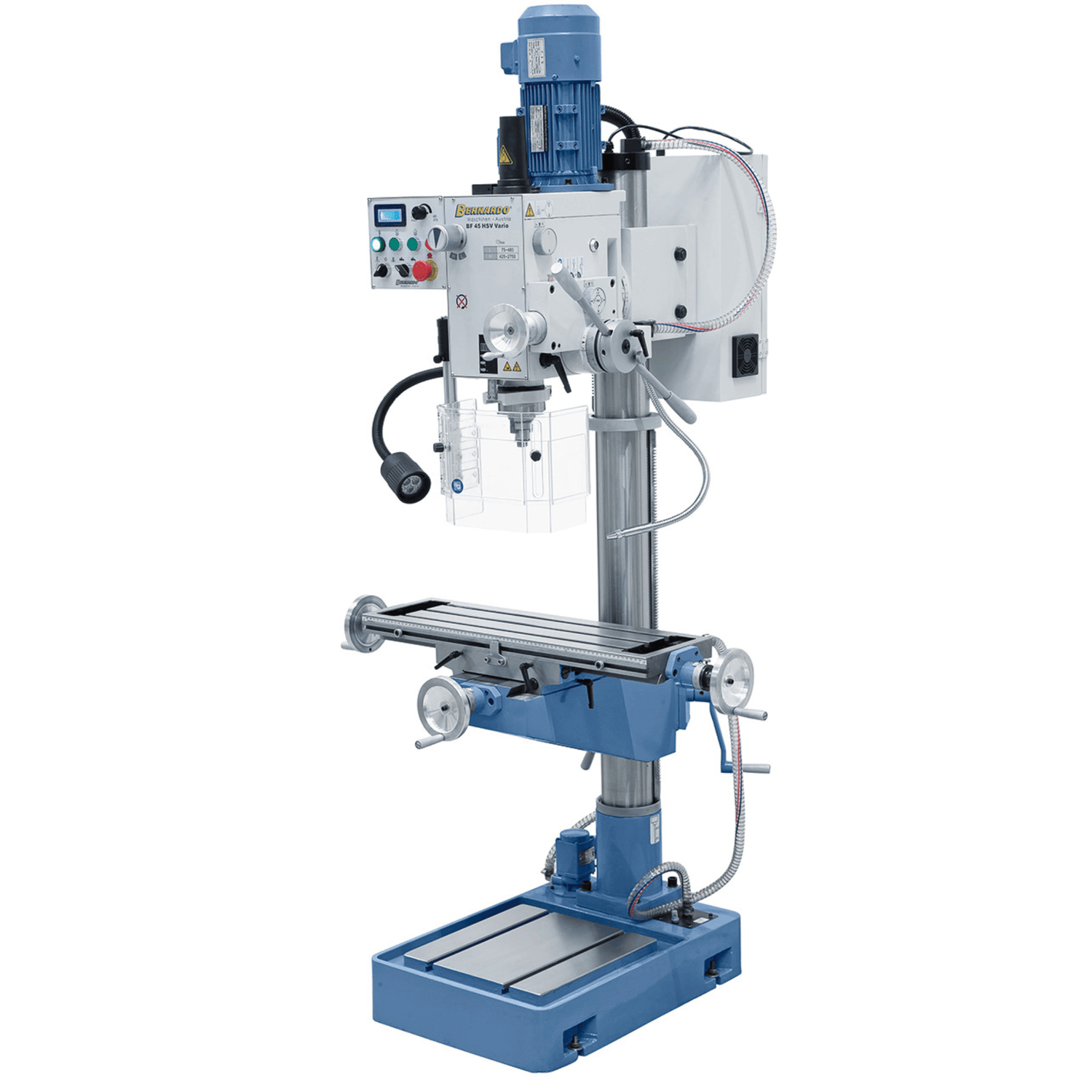 Trapano-fresatrice Bernardo BF 45 HSV Vario con testa inclinabile ±90°, tavola 730 x 210 mm, avanzamento automatico del mandrino, inverter Delta e indicatori digitali.