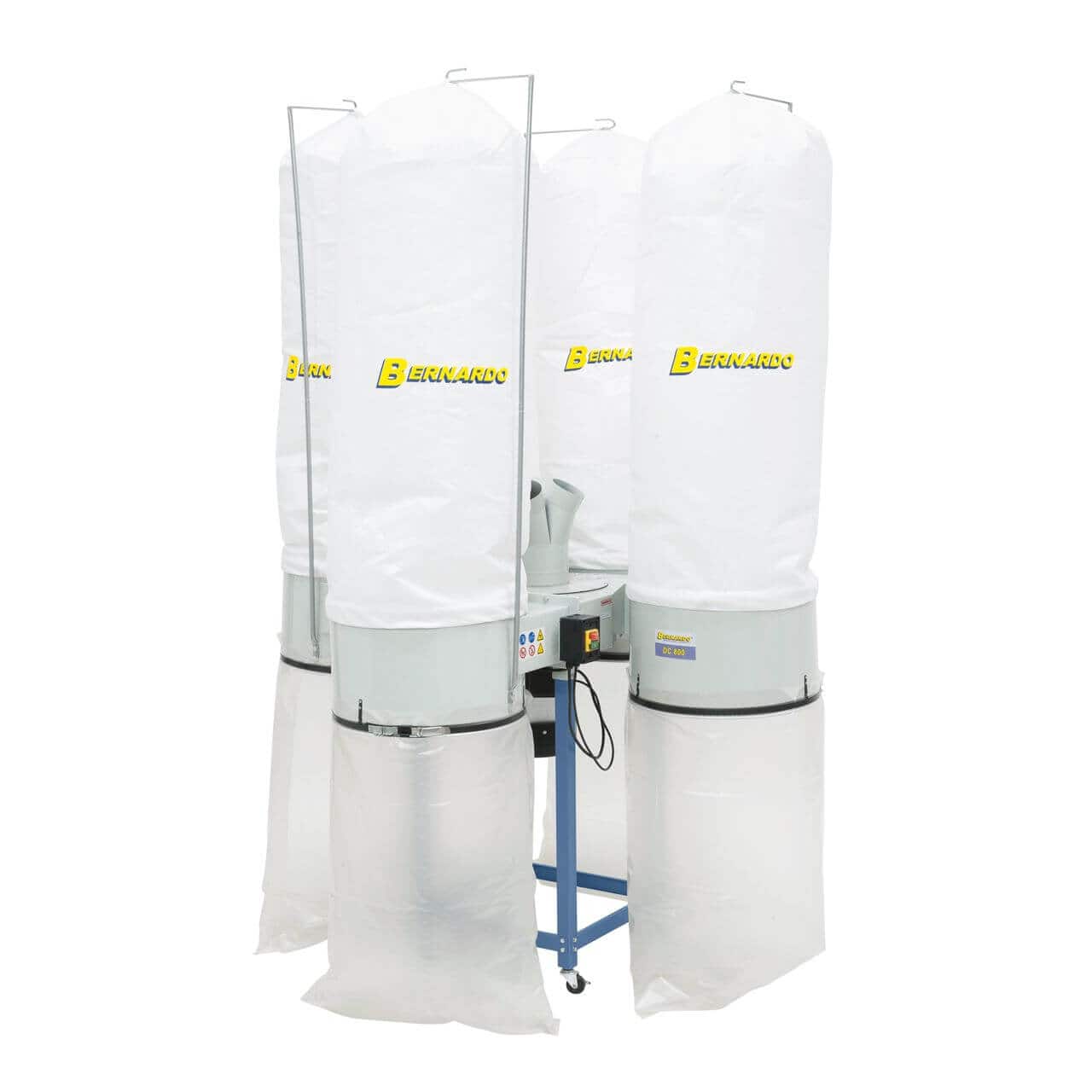 Impianto di aspirazione Bernardo DC 800 con 4 sacche trucioli da 210 L e superficie filtrante da 8 m², ideale per falegnamerie professionali.