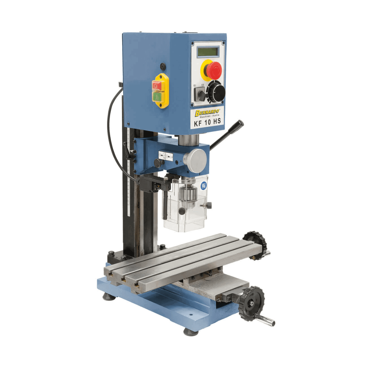 Trapano-fresatrice Bernardo KF 10 HS con tavola 400 x 145 mm, range di velocità 100–5000 rpm, guida a coda di rondine e struttura in ghisa compatta.