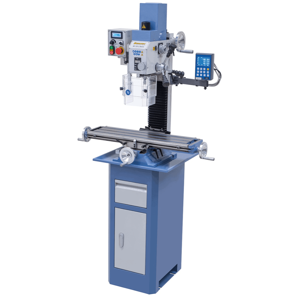 Trapano-fresatrice Bernardo KF 25 L Vario con testa inclinabile ±90°, tavola a croce 700 mm, visualizzatore digitale a 3 assi DT 40 e regolazione continua della velocità.