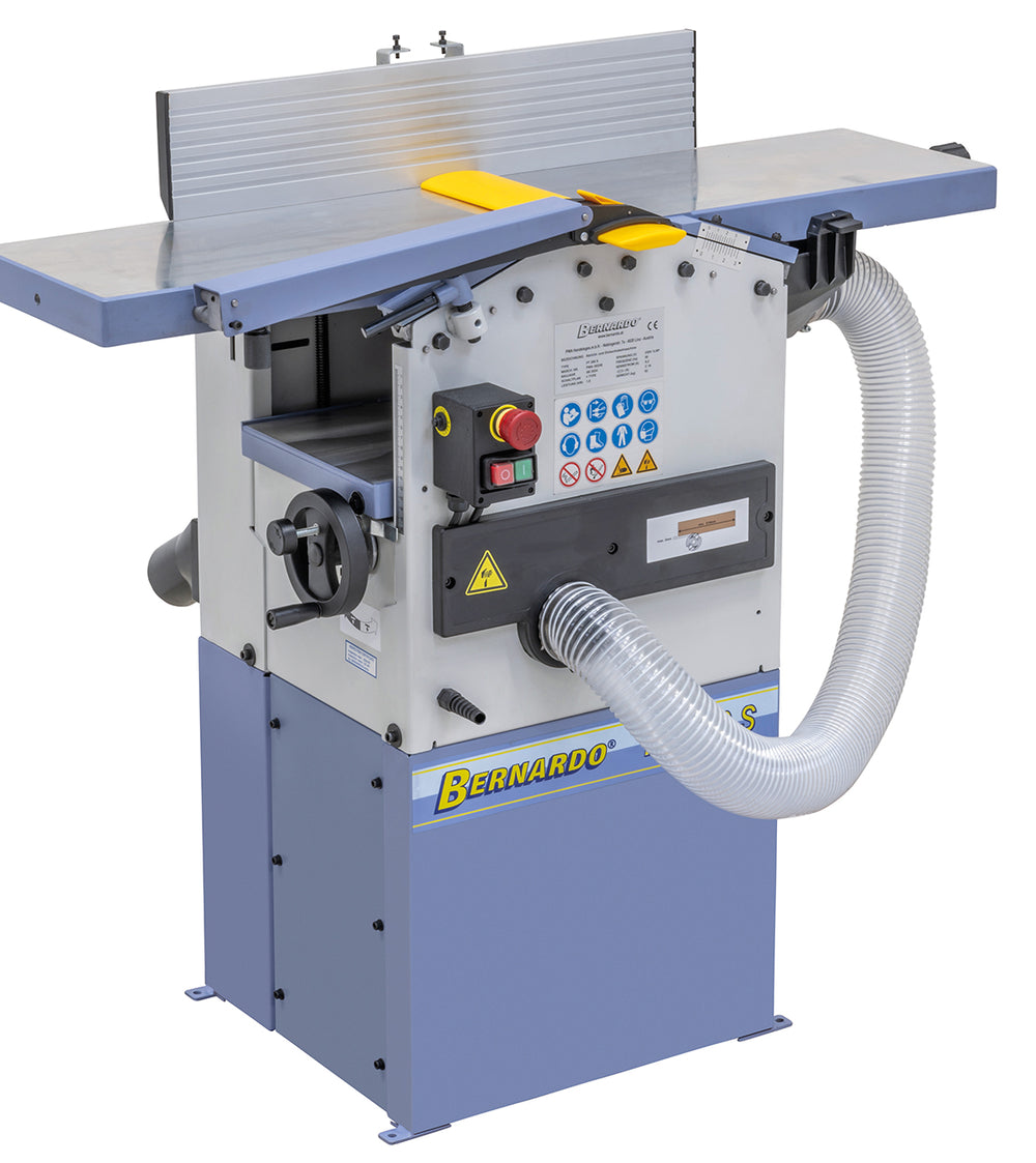 Pialla filo spessore Bernardo PT 260, funzionamento a 230 V, larghezza di piallatura 260 mm, robusta struttura in ghisa, guida inclinabile e design compatto per uso in laboratorio e officina.