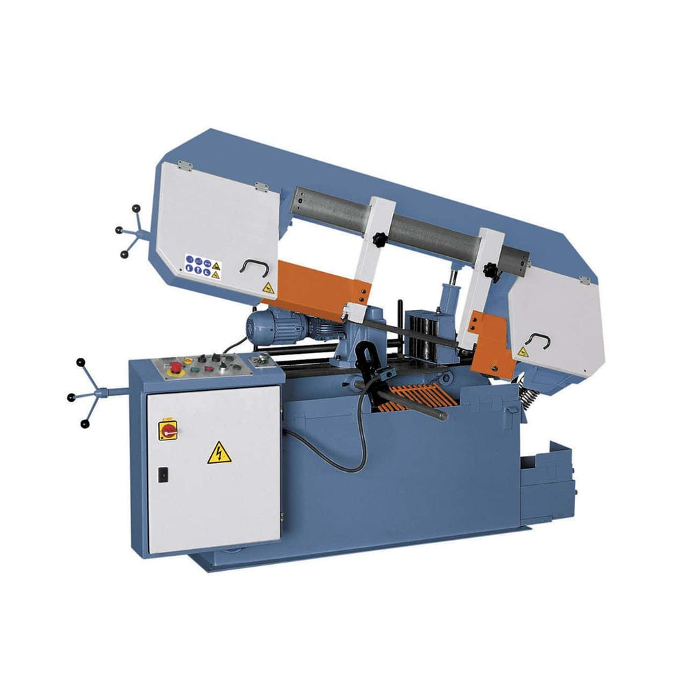 Sega a nastro automatica Bernardo MSB 320 VL con capacità fino a 500 x 320 mm, rulli motorizzati e programmazione pezzi in serie.