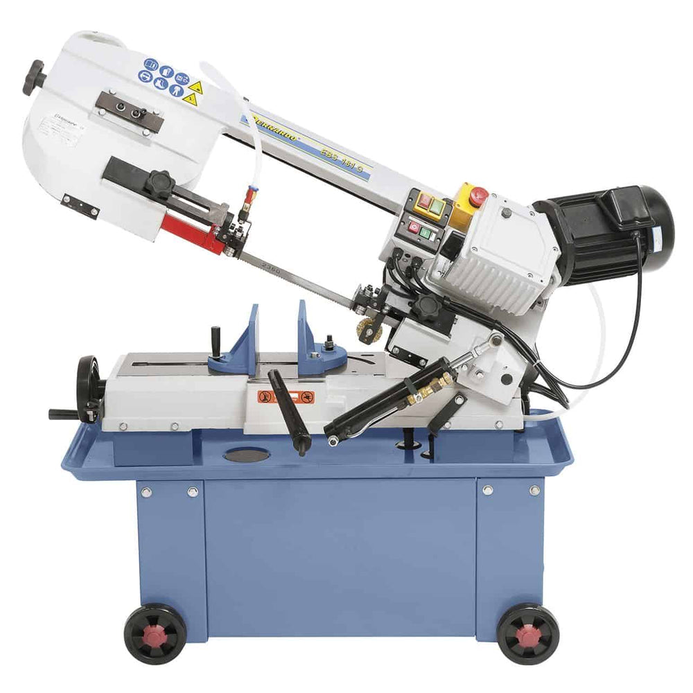 Sega a nastro Bernardo EBS 181 G / 400 V con trasmissione ad ingranaggi, refrigerazione integrata, morsa inclinabile e telaio in ghisa.