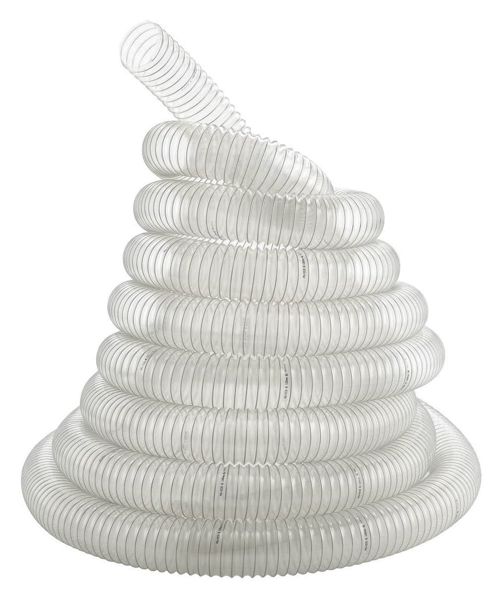Tubo di aspirazione a spirale Bernardo Ø180 mm, lunghezza 6 m, trasparente con spirale in acciaio zincato, flessibile e resistente per sistemi di aspirazione industriale.