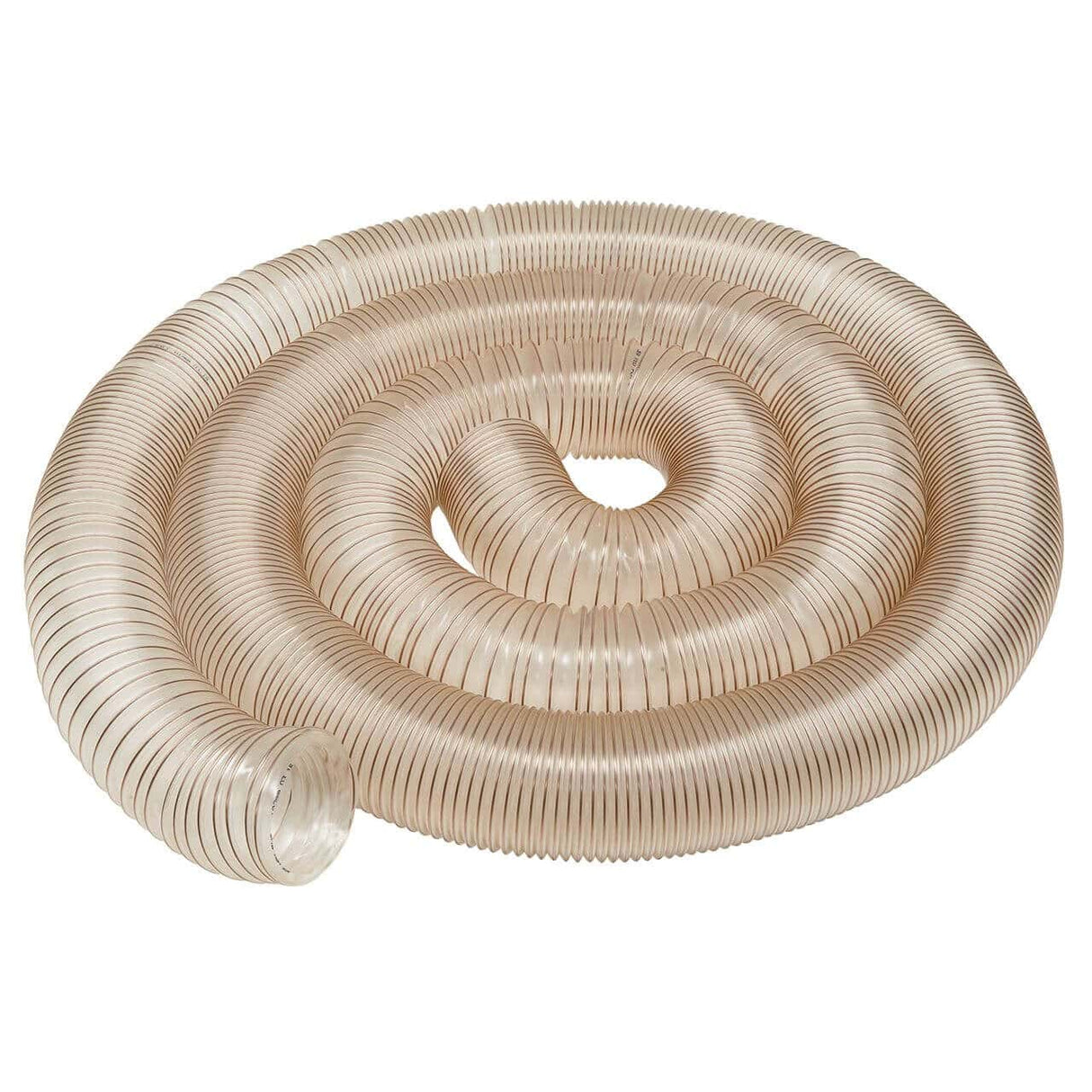 Tubo di aspirazione a spirale Bernardo Ø100 mm, lunghezza 10 m, realizzato in poliuretano trasparente con spirale in acciaio zincato, flessibile e resistente per impianti di aspirazione industriale.