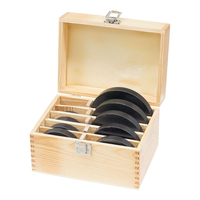 Set Bernardo di 12 anelli di battuta in acciaio, forniti in elegante cassetta di legno, ideali per regolazioni precise su fresatrici e toupie.