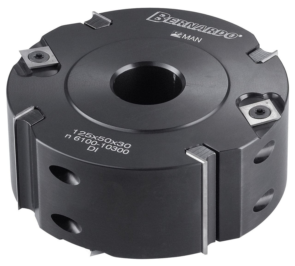 Testa per battuta Bernardo Ø150 mm con altezza 50 mm e foro 30 mm, dotata di 4 taglienti e 4 controtaglienti in metallo duro, ideale per battute e profili su legno massello.