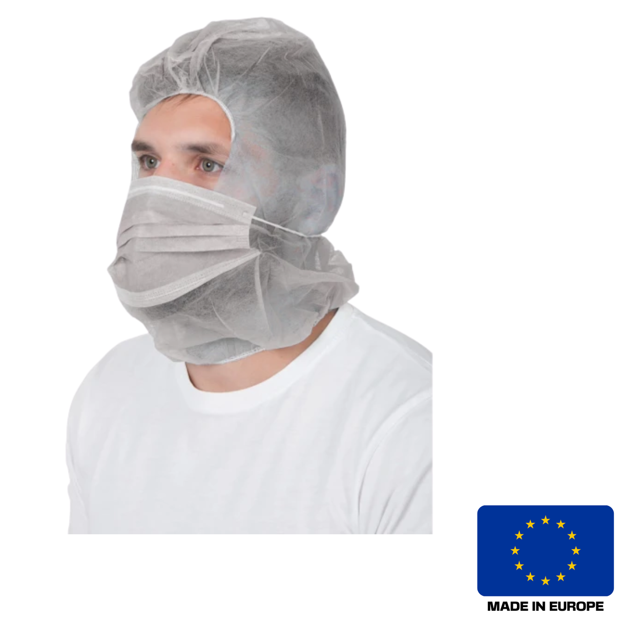 Cappuccio monouso ARDON® Astro-cap in polipropilene, colore blu, con mascherina integrata. Confezione da 50 pezzi.