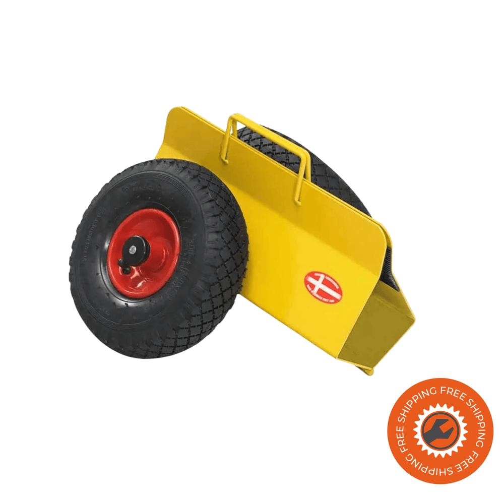 Carrellino porta lastre Ravendo TW 200 L in acciaio giallo con morsetto regolabile 60–160 mm e ruote pneumatiche Ø3.00 x 4/4, ideale per il trasporto di porte, finestre e pannelli fino a 200 kg.
