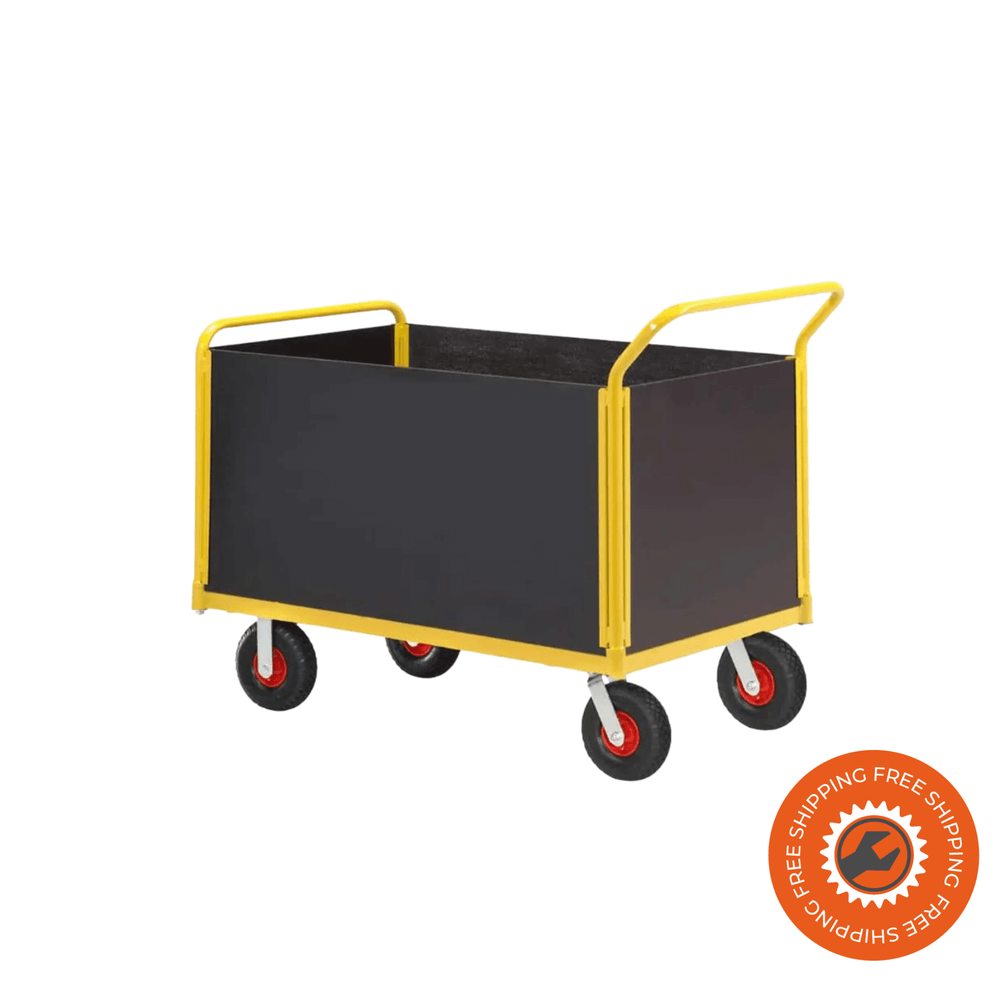 Carrello Ravendo TW 1000 L-HWS in acciaio giallo con sponde alte in legno e ruote pneumatiche Ø3.00 x 4/4, ideale per trasporti industriali fino a 400 kg.
