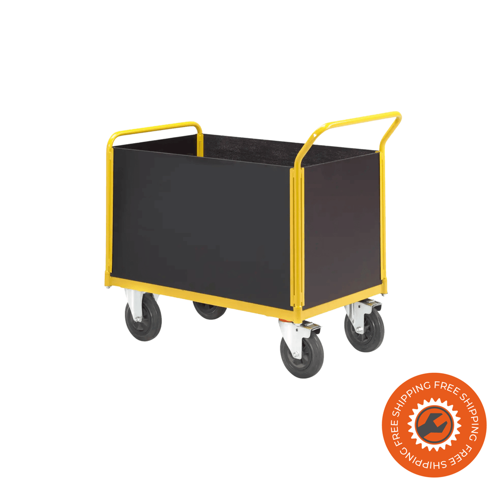 Carrello Ravendo TW 1000 M-HWS in acciaio giallo con sponde alte in legno e ruote solide Ø200 mm, ideale per trasporti di materiali fino a 400 kg.
