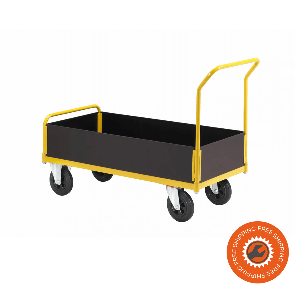 Carrello Ravendo TW 1000 M-LWS in acciaio giallo con sponde basse in legno e ruote solide Ø200 mm, ideale per trasporto di materiali fino a 400 kg.
