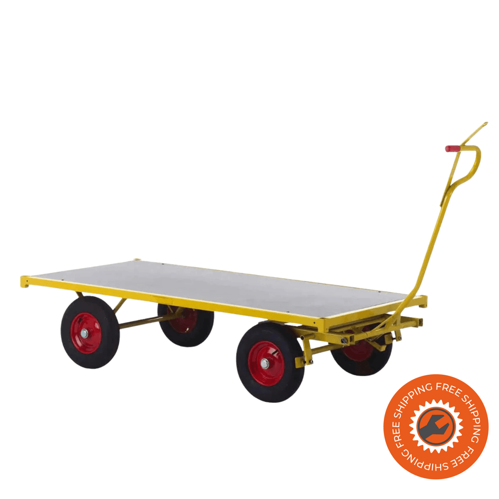 Carrello Ravendo TW 1500 in acciaio giallo con piano in legno e ruote pneumatiche Ø 4.00 x 8, ideale per trasportare fino a 1200 kg in ambienti industriali.

