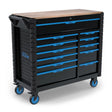 Carrello portautensili Güde GW 12S con banco da lavoro in legno di gomma, 12 cassetti soft-close e struttura in acciaio, ideale per officina professionale.