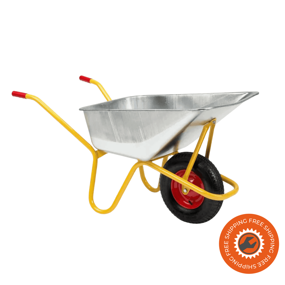 La carriola Ravendo BC 1100 S con vasca da 110 litri, struttura tubolare Ø 30 mm e ruota pneumatica con cerchio in acciaio, ideale per il trasporto professionale di calcestruzzo e materiali pesanti fino a 250 kg.