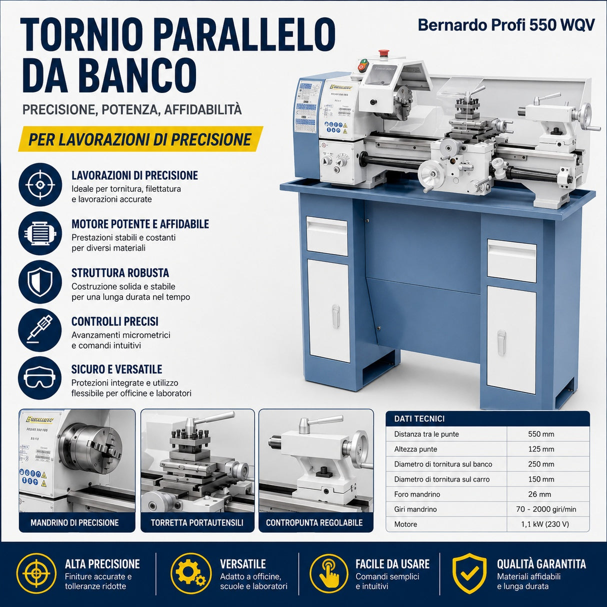 Draaibank metaal Bernardo Profi 550 WQ – distanza boren 550 mm, Ø 250 mm sul tafel, gat Klauwplaat Ø 26 mm cono MT 4, motor 0.75 kW 230V eenfase, gewicht 120 kg