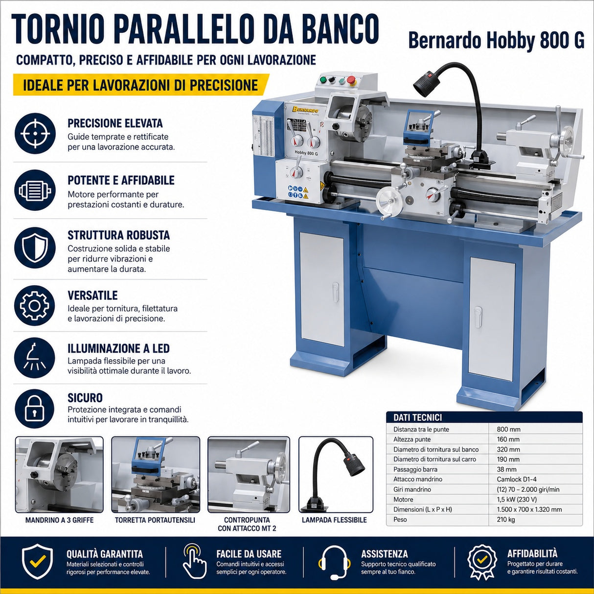 Draaibank Bernardo Hobby 800 G / 230 V – Compact en nauwkeurig