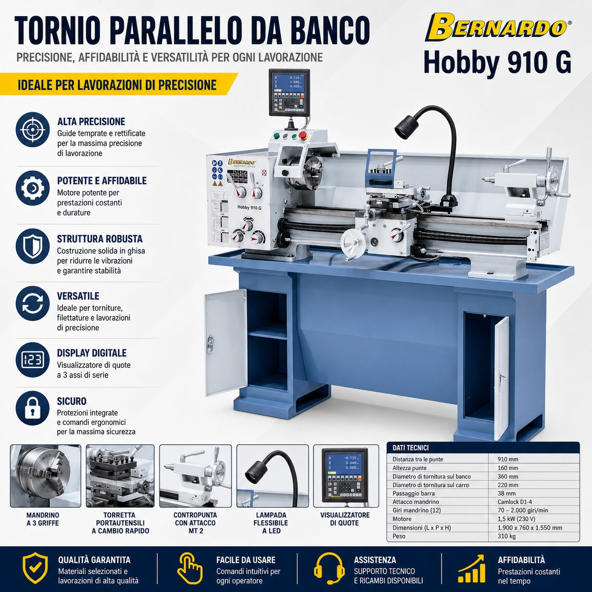Metaaldraaibank Bernardo Hobby 910 G 230V / 400V met DRO 3 assen ES-12 V