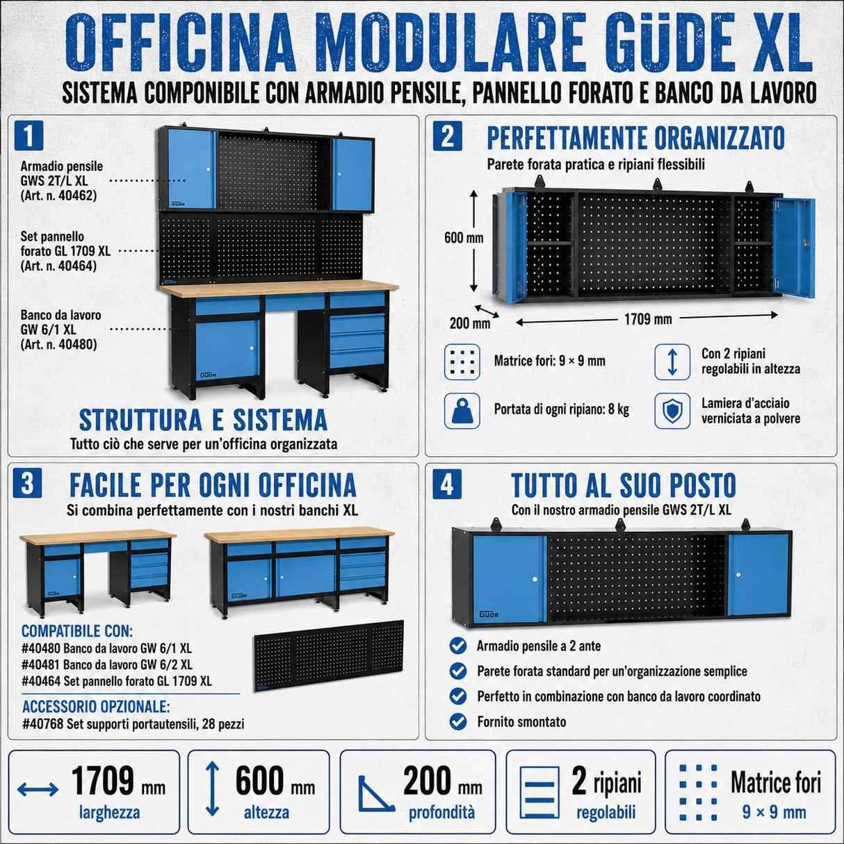 Armadio a parete Güde GWS 2T/L XL – 2 ante con pannello forato integrato per Eco Line
