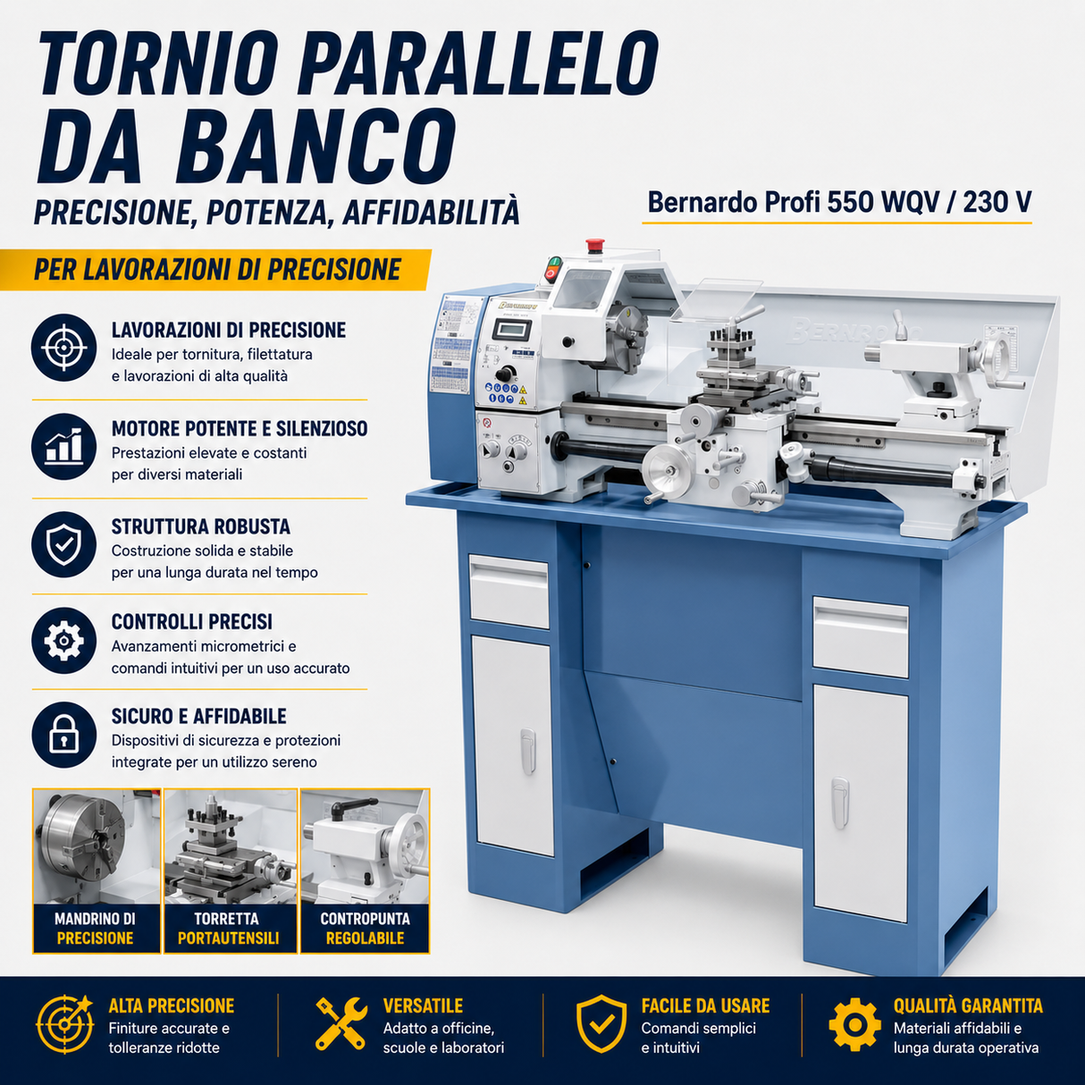 Draaibank metaal Bernardo Profi 550 WQV – distanza boren 550 mm, Ø 250 mm sul tafel, gat Klauwplaat Ø 26 mm cono MT 4, motor 0.75 kW 230V eenfase, display digitaal snelheid, gewicht 120 kg