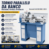 Draaibank metaal Bernardo Profi 550 WQV – distanza boren 550 mm, Ø 250 mm sul tafel, gat Klauwplaat Ø 26 mm cono MT 4, motor 0.75 kW 230V eenfase, display digitaal snelheid, gewicht 120 kg