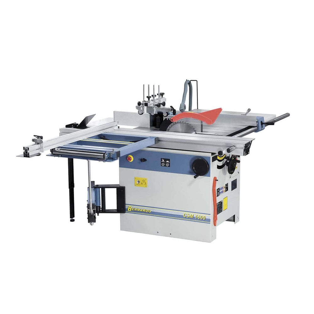 La macchina combinata CSM 2000 con lama inclinabile, incisore, tavolo scorrevole in alluminio da 2000 mm, toupie verticale e accessori inclusi.