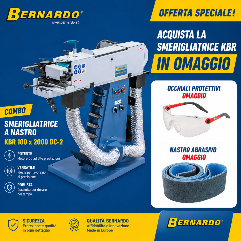 Smerigliatrice a nastro Bernardo KBR 100 x 2000 DC-2 in versione combo, ideale per levigatura, sbavatura e finitura di superfici metalliche con elevata precisione.