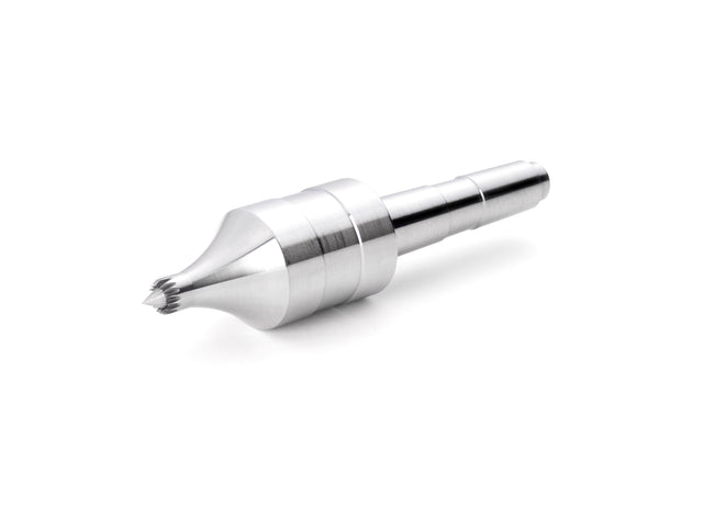 Contropunta rotante Record Power Coronet Falcon a denti multipli con perno elastico regolabile, ideale per tornitura sicura di legni delicati e pezzi laminati.