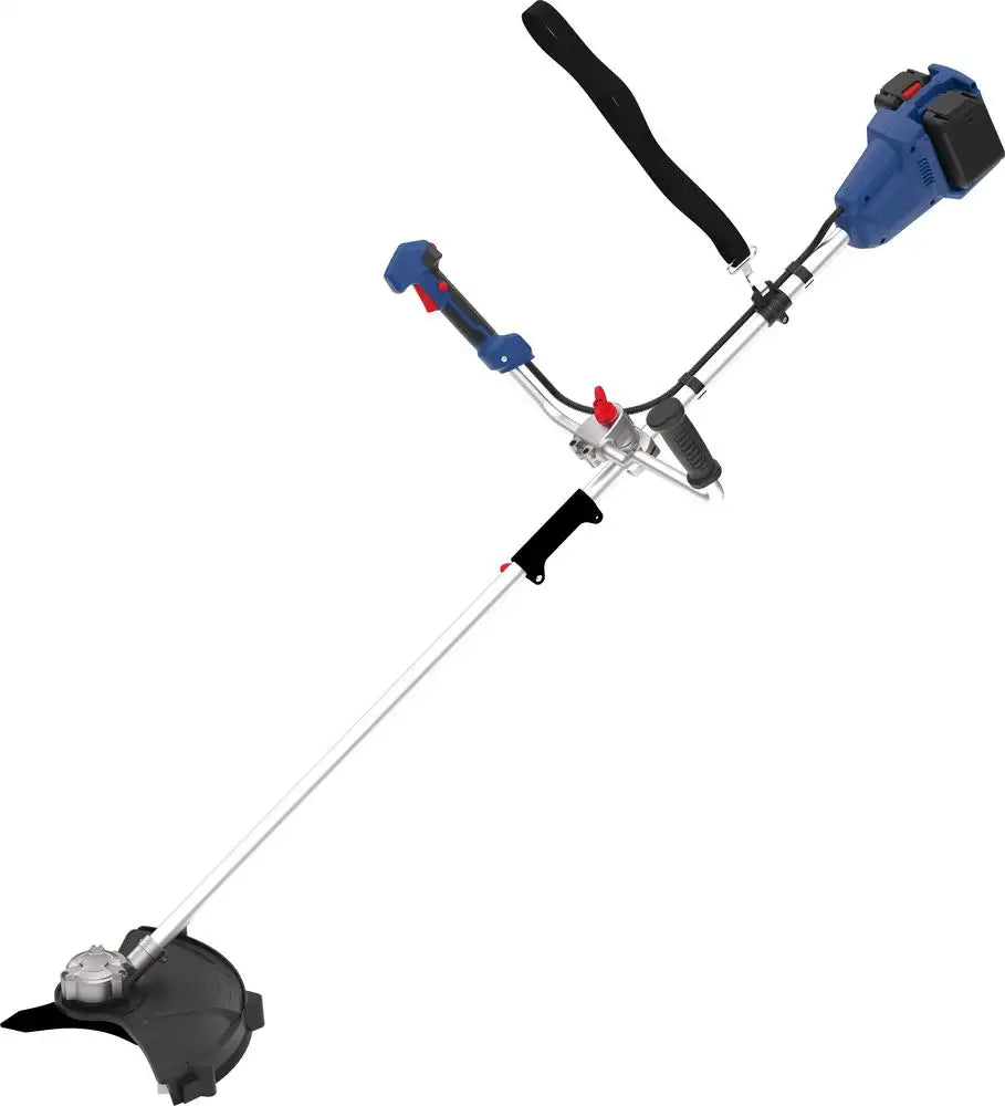 Decespugliatore cordless Guede FS 36-302-30 con motore brushless 36V, doppia maniglia ergonomica, lama a 3 denti e testina a filo automatica.