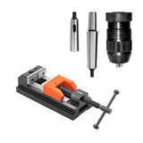 Set di foratura professionale Flott con morsa felix 2.0 da 100 mm, mandrino autoserrante 3–16 mm, codolo MK2/B18 e bussola MK2/MK1.