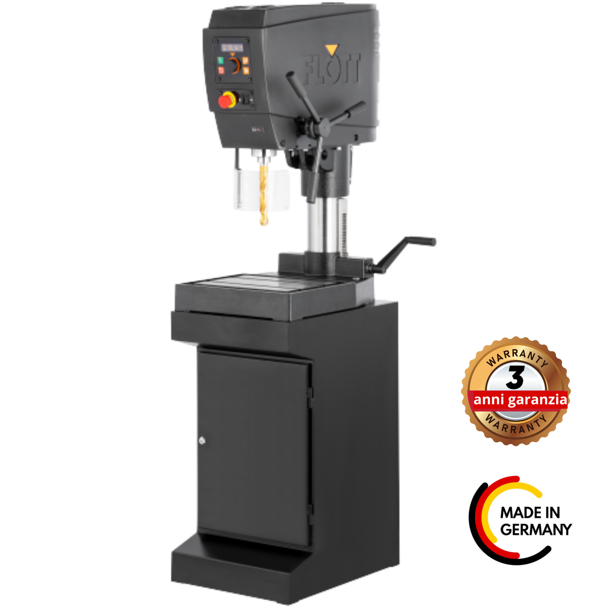 Trapano a colonna Flott TBZ 23 Plus senza tavola intermedia, con testa regolabile su cremagliera, pannello OLED, indicazione digitale giri/profondità, motore da 1,5 kW con inverter e robusta struttura in ghisa.