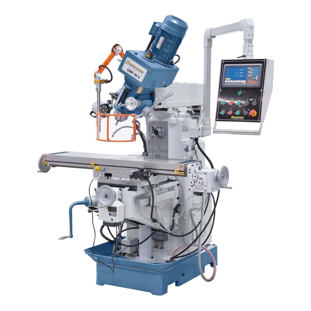 Bernardo Fresatrice universale UWF 90 V con tavola da 1270 x 280 mm, testa inclinabile e mandrini ISO 40, completa di avanzamenti automatici e display digitale a 3 assi.