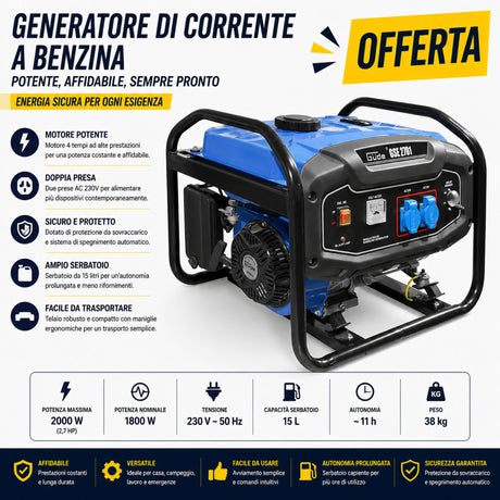 Generatore Güde GSE 2701, ideale per alimentazione di emergenza e utilizzi esterni, con motore affidabile e potenza adatta per utensili e dispositivi elettrici.