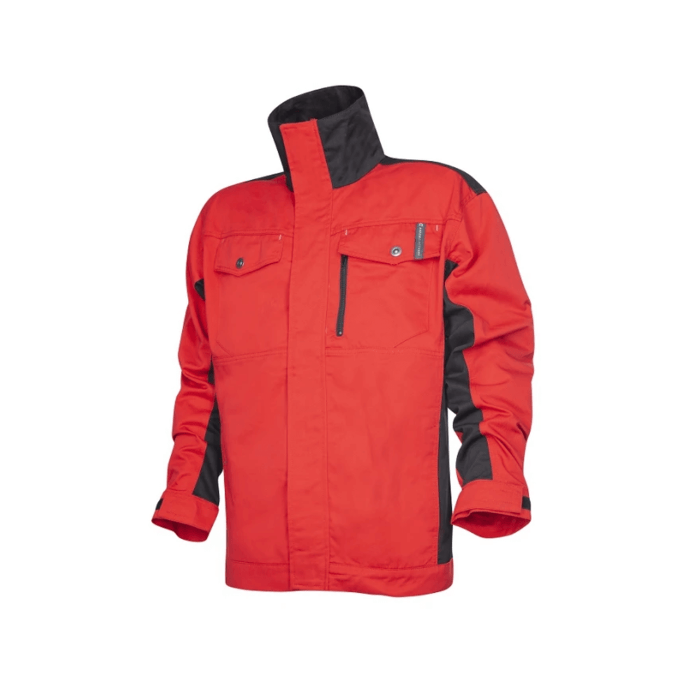 Giacca ARDON® PRE100 rosso/nero con taglio anatomico, tasche multifunzione e regolazioni in velcro, ideale per utilizzo professionale.