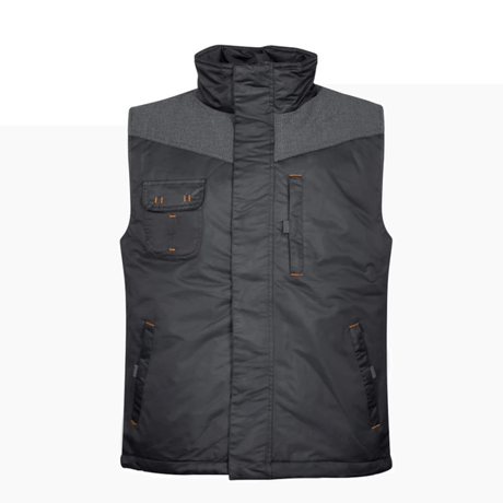Gilet ARDON® BEN nero/grigio con dettagli arancioni, imbottitura termica e tasche con zip, ideale per lavori invernali all’aperto.