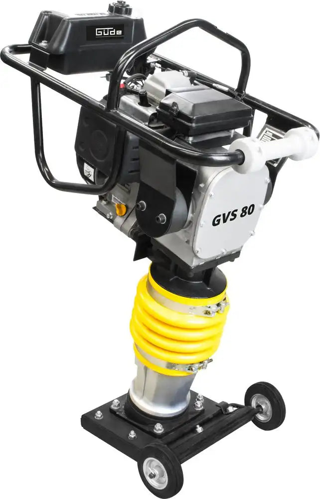 Vibrocostipatore verticale Guede GVS 80 con motore a 4 tempi, telaio in acciaio e piastra di lavoro da 330x290 mm, ideale per edilizia e cantieri.