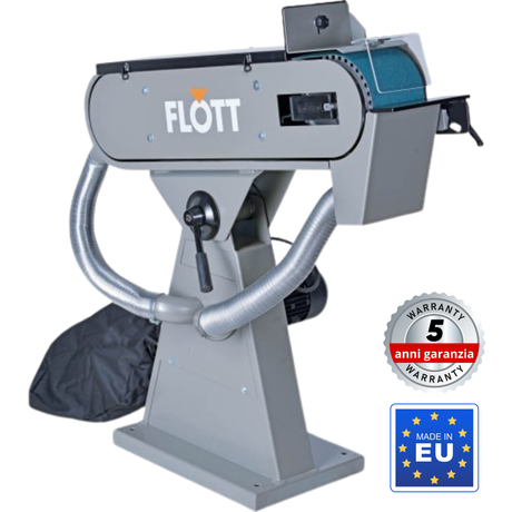 Levigatrice a nastro Flott BSM 150 A/pol. dotata di aspirazione integrata, nastro 2000x150 mm e recinzione regolabile.
