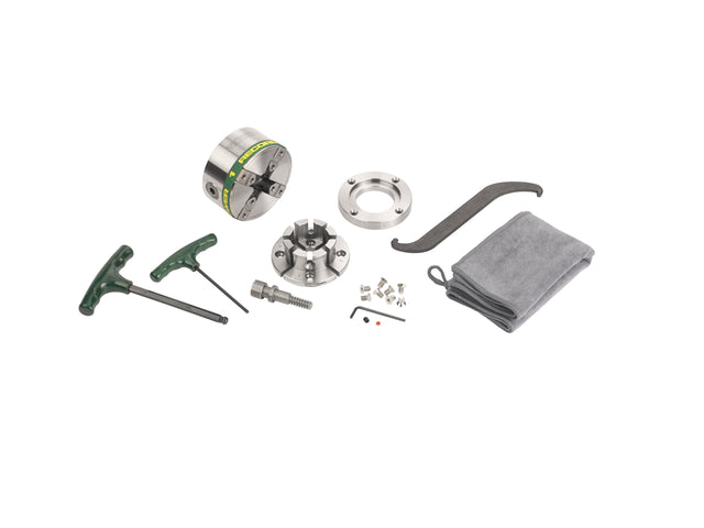 Mandrino Record Power Victory M33 DT con ganasce modulari VersaLock da 50 mm, anello flangia e accessori completi per tornitura professionale del legno.