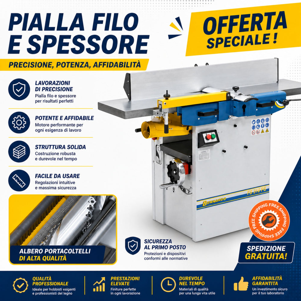 Macchina combinata pialla a filo e spessore Bernardo FS 310 PS alimentazione 400V, dotata di albero a spirale per piallatura precisa, riduzione del rumore e finitura superiore del legno.
