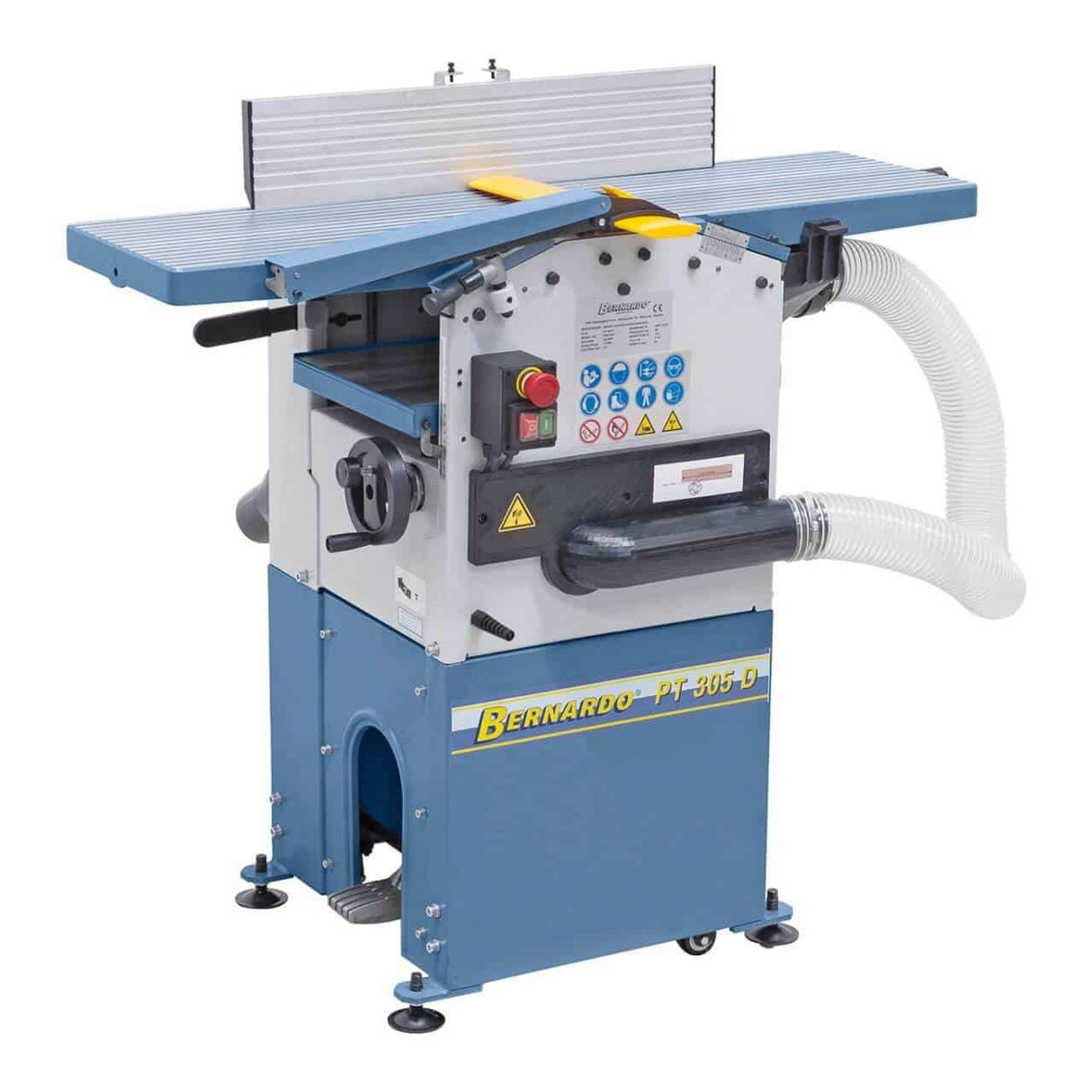 Pialla a filo e spessore Bernardo PT 305 D 230 V con tavoli in alluminio rettificato, recinzione inclinabile e aspiratore integrato, ideale per lavorazioni precise su tavole e travi in legno.