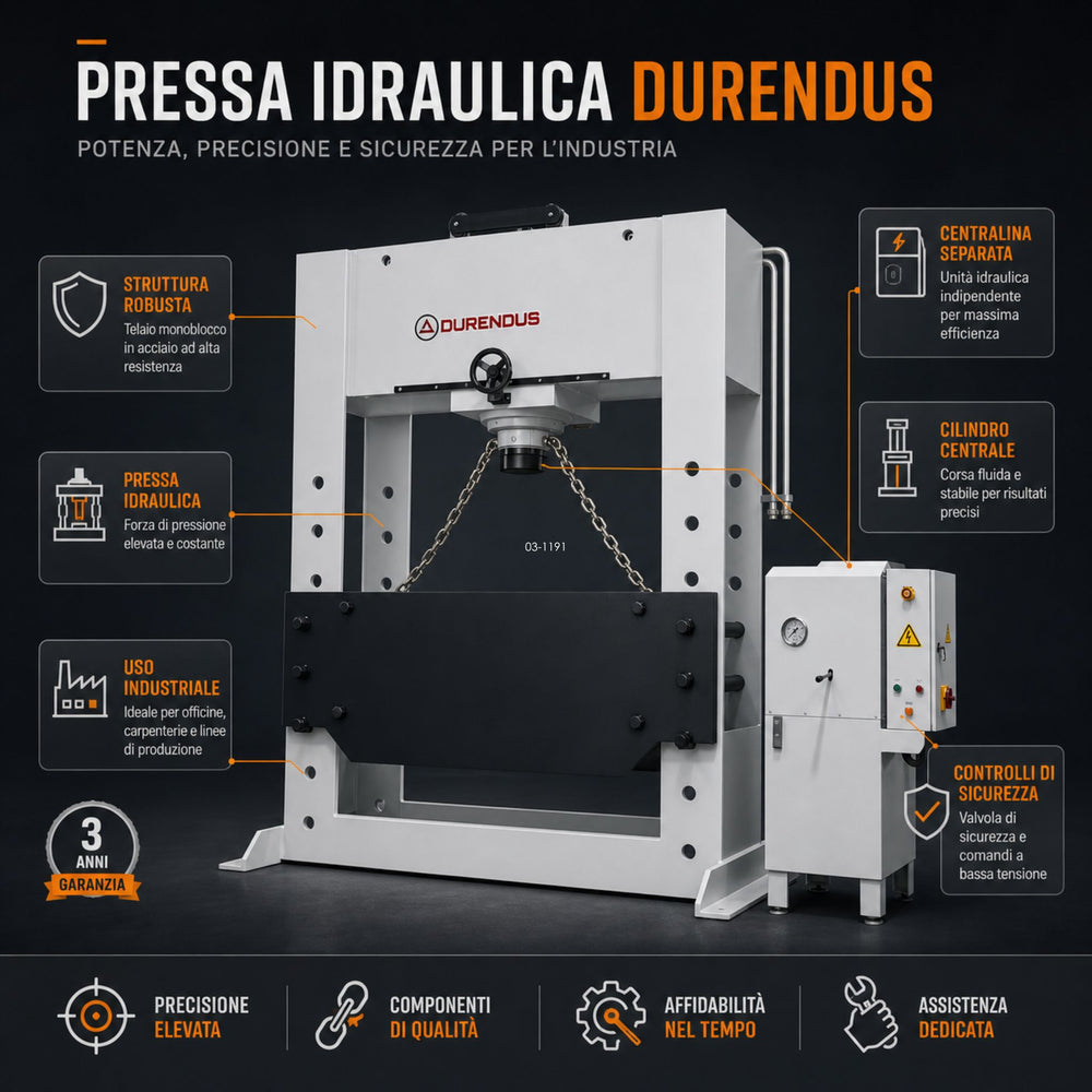 Pressa idraulica Durendus DW500 da 500 ton con cilindro mobile, motore 30 kW, corsa 400 mm e piano di lavoro 1600 x 500 mm.