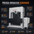 Pressa idraulica Durendus DW500 da 500 ton con cilindro mobile, motore 30 kW, corsa 400 mm e piano di lavoro 1600 x 500 mm.
