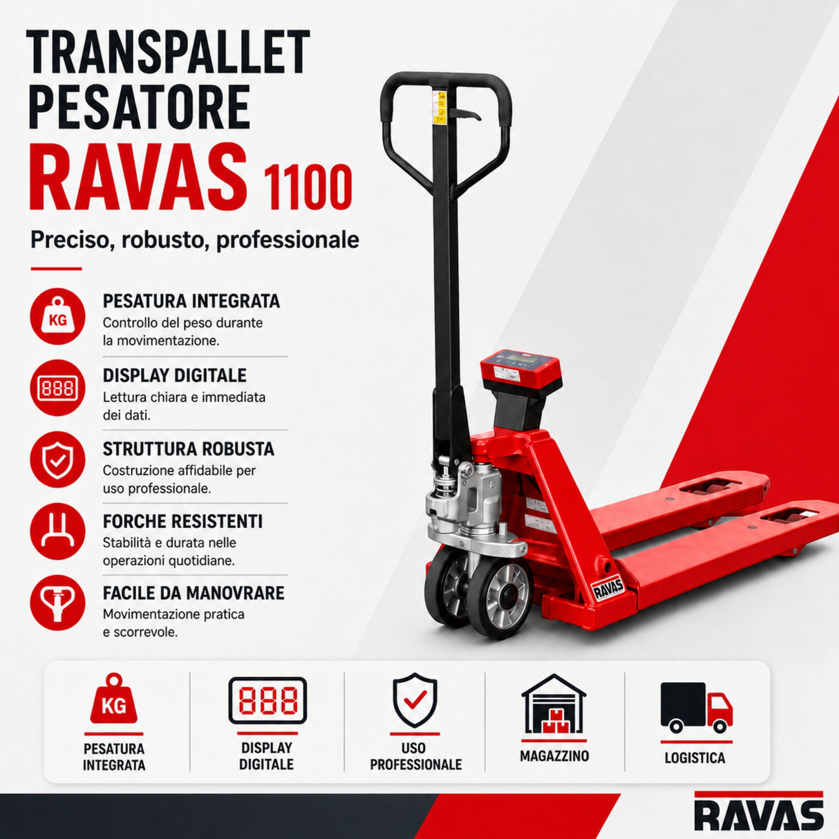 Transpallet pesapallet RAVAS 1100 – pesatura base, portata 2.000 kg IP67
