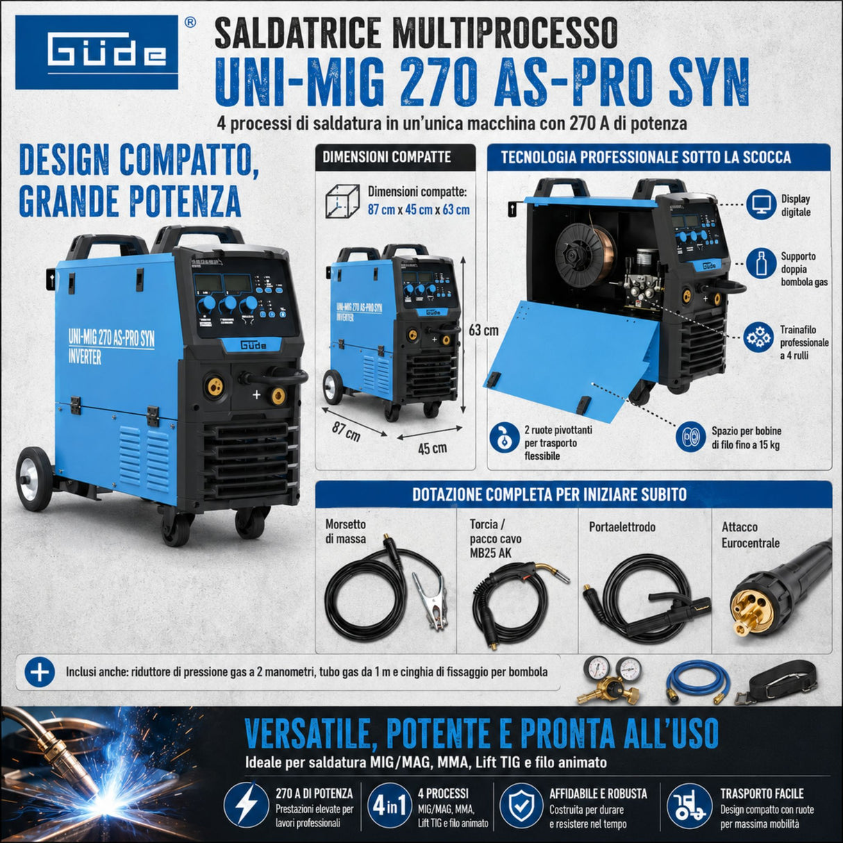 Multiproces lasapparaat Güde Uni-Mig 270 AS-Pro SYN – driefasige 400V inverter, MIG/MAG, MMA, gevulde draad en TIG