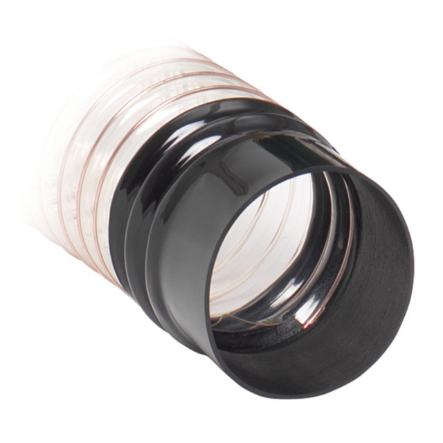 Raccordo a innesto rapido applicato all’estremità del tubo di aspirazione, consente un collegamento semplice e veloce su uscite da 120 mm di aspiratori e macchine.