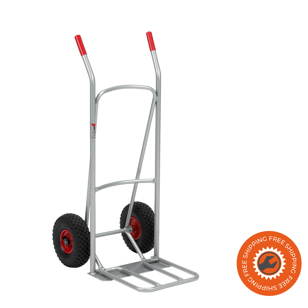 Carrello Ravendo BLM 200 L in acciaio argento, con ruote pneumatiche e capacità di carico fino a 200 kg.
