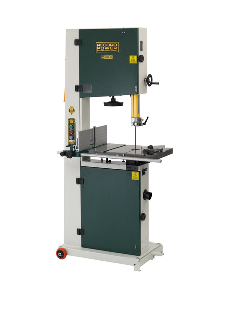 Sega a nastro Record Power Sabre 450 con piano in ghisa, motore da 2 kW e grande capacità di taglio, ideale per falegnamerie professionali.