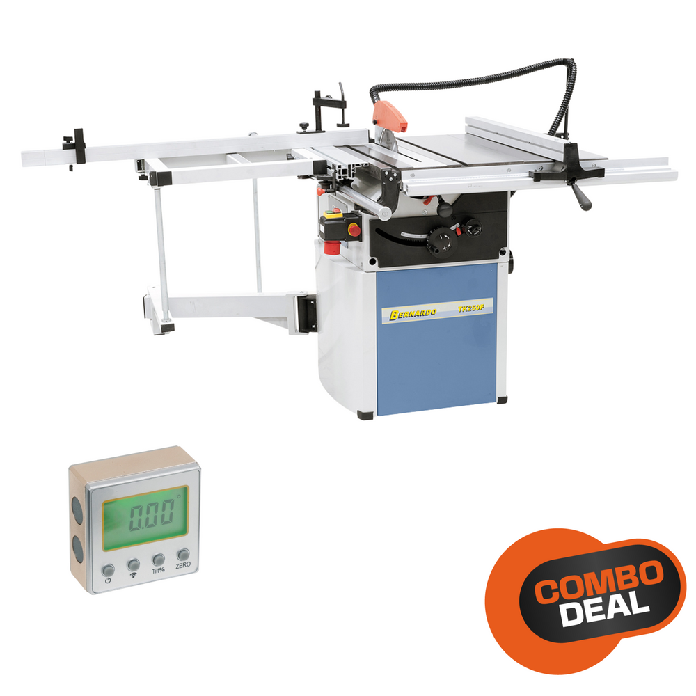 Sega da banco Bernardo TK 250 F con tavolo 800 × 520 mm, lama Ø 254 mm e guida parallela, ideale per tagli di precisione